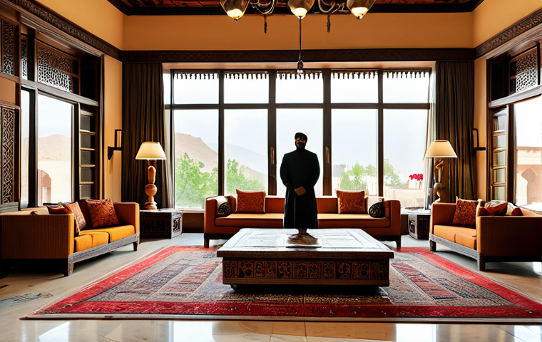 A diverse group of adults, fully clothed in modest, professional attire, are engaging in a beautifully designed art hotel lobby. The lobby showcases rich local Pakistani cultural elements, featuring intricate Balochi embroidery on textiles, elegant hand-carved wooden sculptures, and traditional pottery. Natural light streams through large windows, illuminating the warm, earthy tones of the decor, which includes stone and reclaimed wood. The atmosphere is inviting and authentic. safe for work, appropriate content, perfect anatomy, correct proportions, natural pose, well-formed hands, proper finger count, professional photography, high quality, family-friendly.