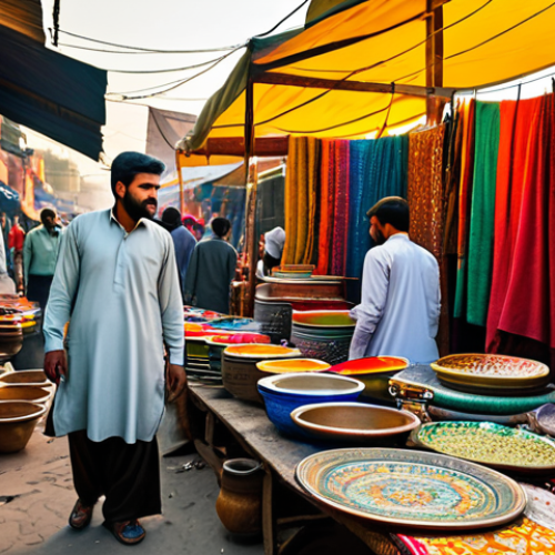 Home 17 **
A bustling artisan market in Lahore, Pakistan. Focus on vibrant textiles, intricate pottery, and hand-painted trucks (jingle trucks) overflowing with colorful goods. Street vendors are dressed in traditional shalwar kameez. Golden hour lighting, shallow depth of field, capturing the energy and detail.
**