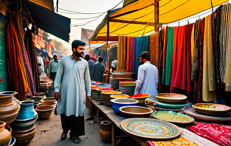 **

A bustling artisan market in Lahore, Pakistan. Focus on vibrant textiles, intricate pottery, and hand-painted trucks (jingle trucks) overflowing with colorful goods.  Street vendors are dressed in traditional shalwar kameez. Golden hour lighting, shallow depth of field, capturing the energy and detail.

**
