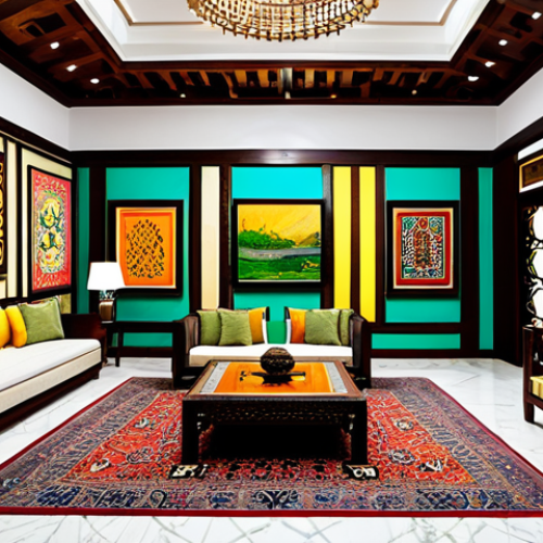 Home 10 **Prompt:** An art hotel lobby, vibrant and colorful, showcasing local Pakistani artwork. Guests are admiring the pieces. Include traditional Urdu calligraphy incorporated into the design. Safe for work, appropriate content, fully clothed, professional photography, perfect anatomy, natural proportions, family-friendly.