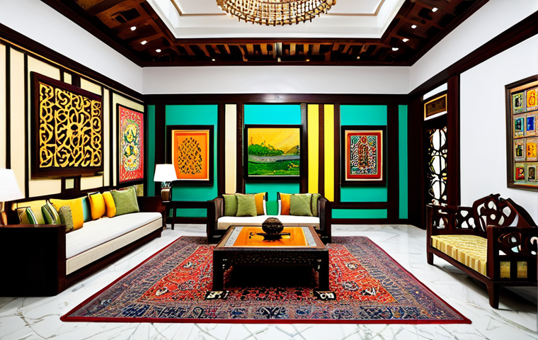 **Prompt:** An art hotel lobby, vibrant and colorful, showcasing local Pakistani artwork. Guests are admiring the pieces. Include traditional Urdu calligraphy incorporated into the design. Safe for work, appropriate content, fully clothed, professional photography, perfect anatomy, natural proportions, family-friendly.